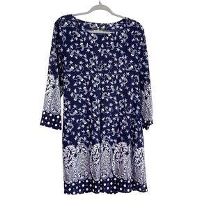 Paper Plane London Women S/M Navy Blue Dress w White Leaf Print Tie Back Chiffon